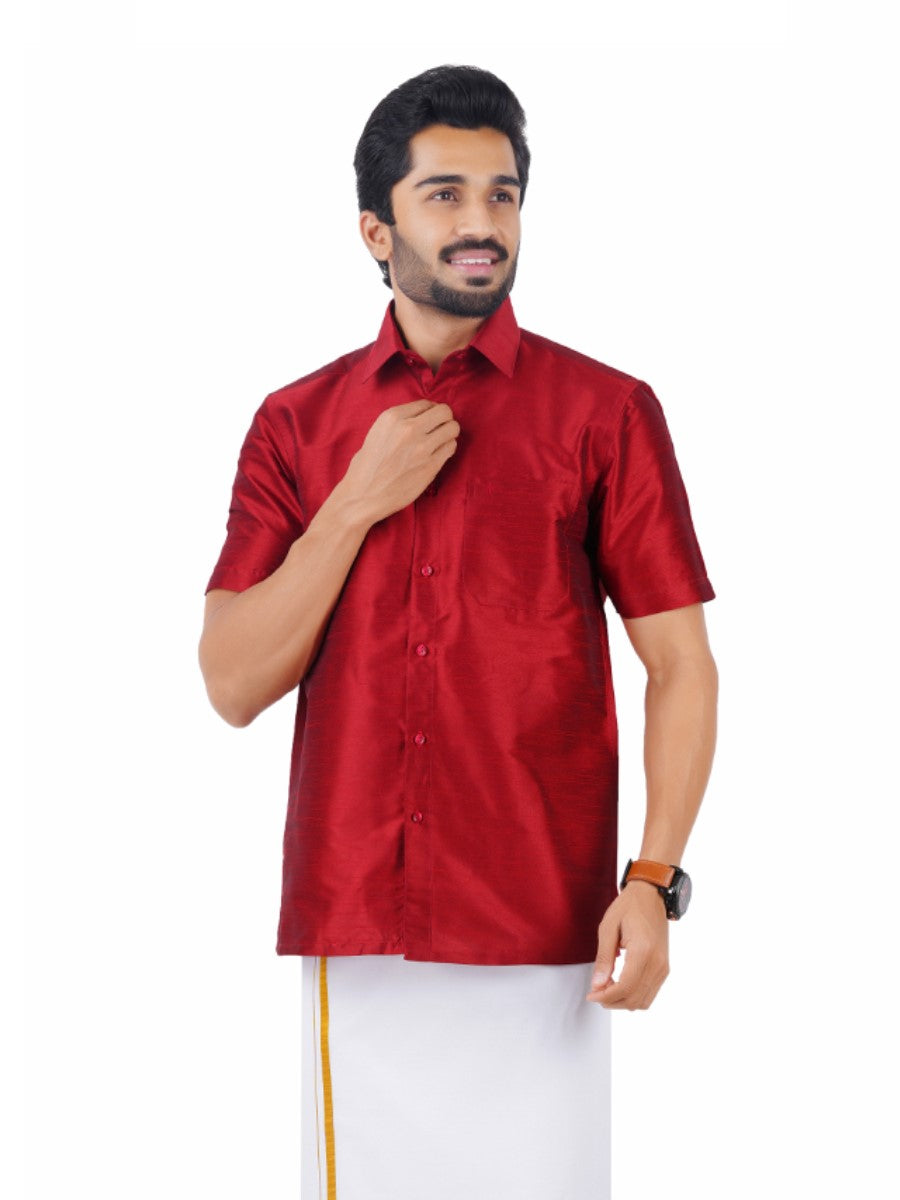 Mens Solid Fancy Half Sleeves Shirt Maroon-Front view