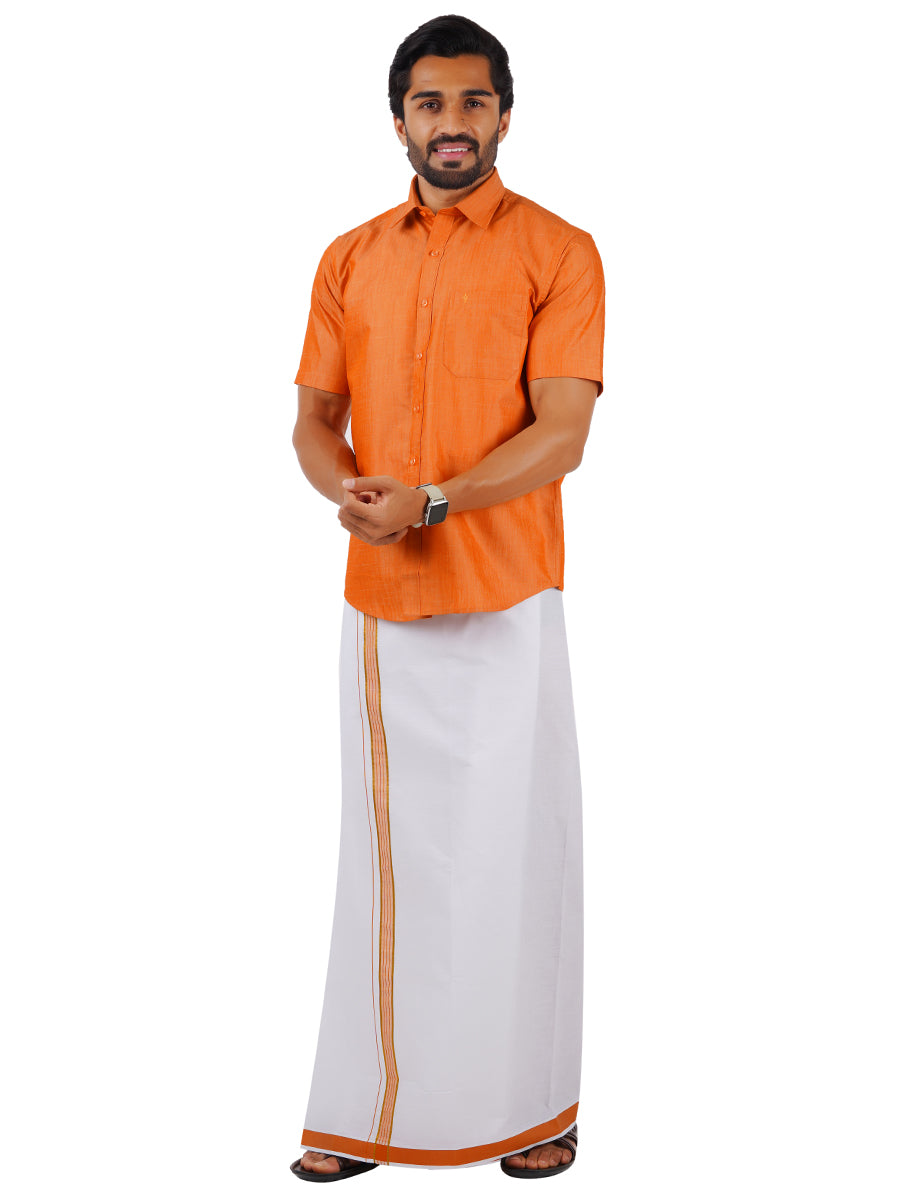 Mens Matching Jari Border Dhoti & Shirt Set Half Orange VB4-FRont view