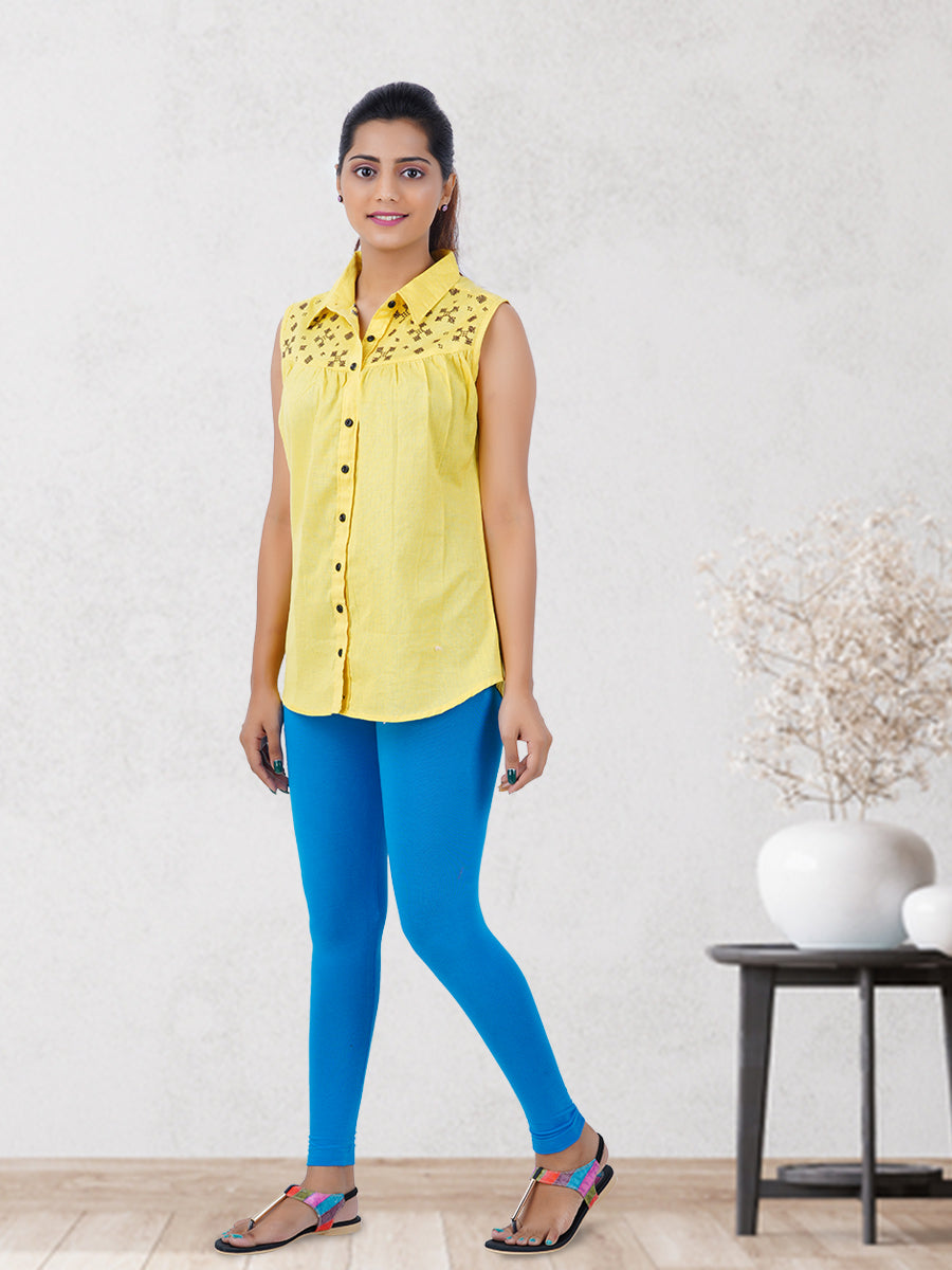 Ankle Fit Mixed Cotton with Spandex Stretchable Leggings Blue-Full view