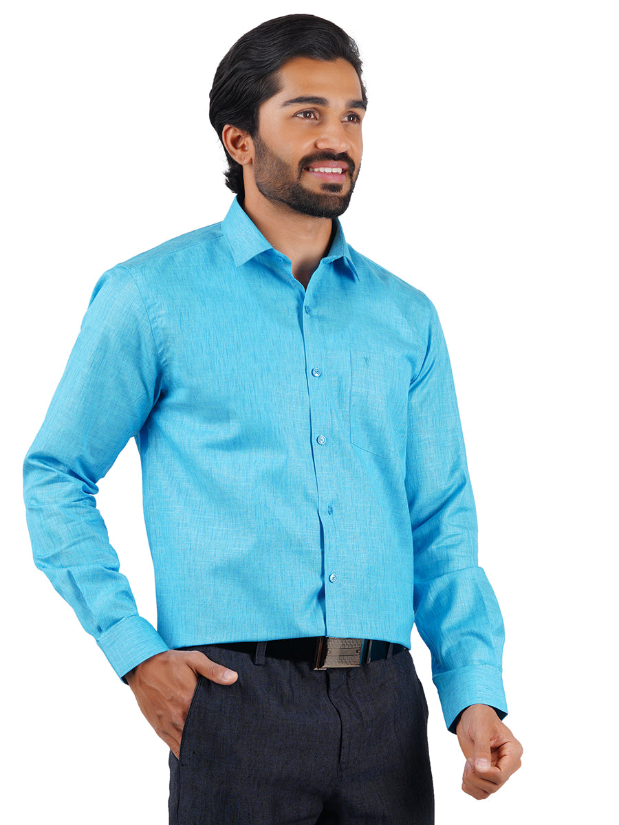 Mens Cotton Blended Formal Shirt Full Sleeves Dark Sky Blue T12 CK3-Side view