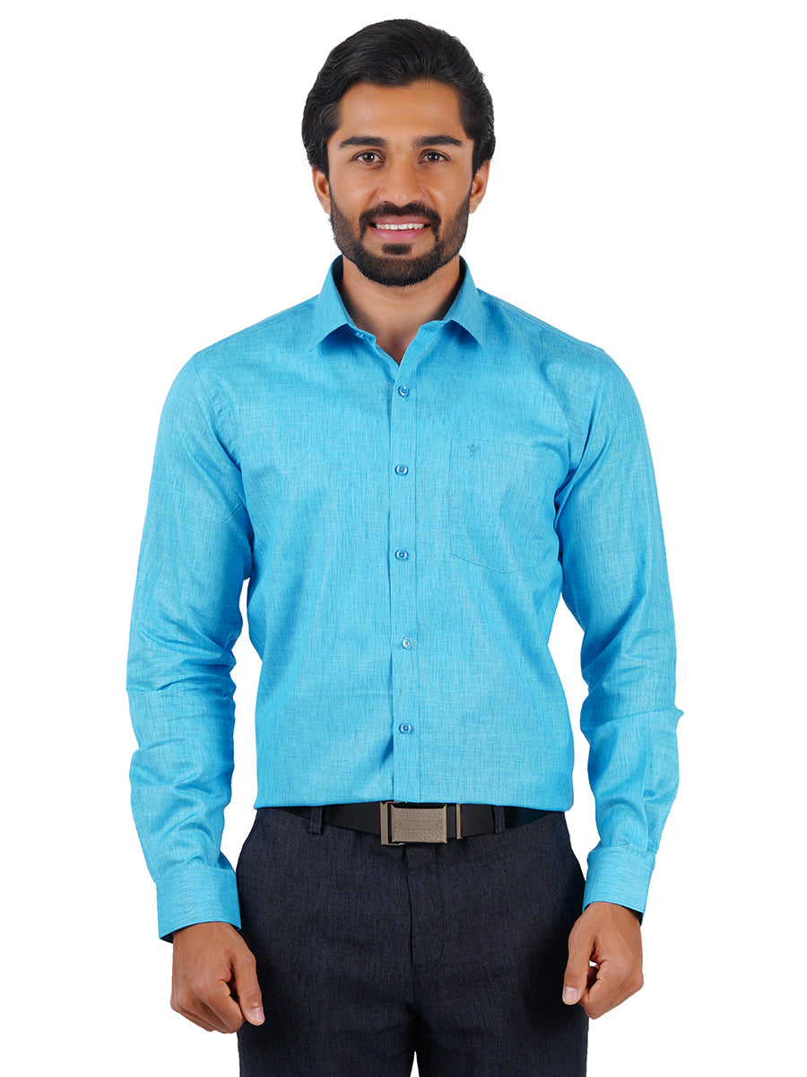 Mens Cotton Blended Formal Shirt Full Sleeves Dark Sky Blue T12 CK3