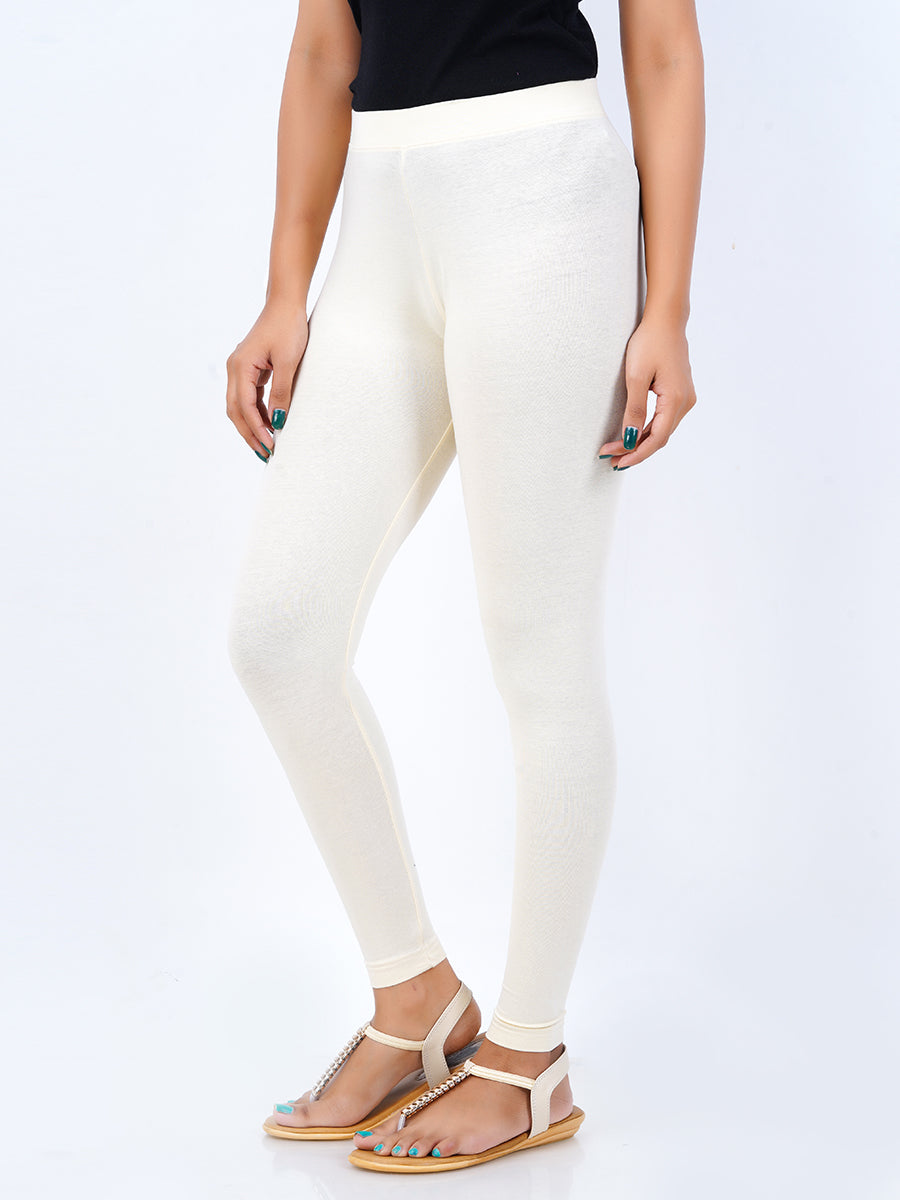 Ankle Fit Mixed Cotton with Spandex Stretchable Leggings Cream-Side view