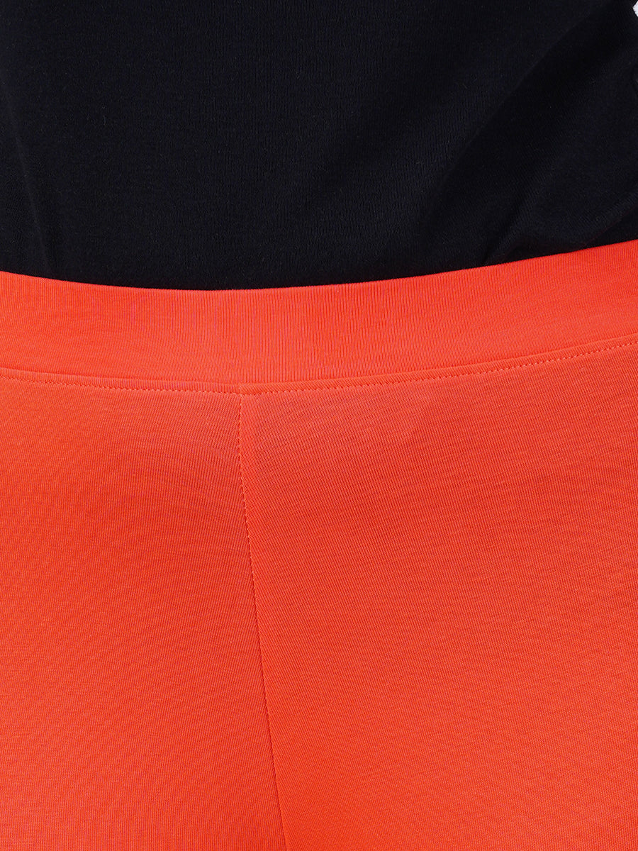 Ankle Fit Mixed Cotton with Spandex Stretchable Leggings Orange- Close view
