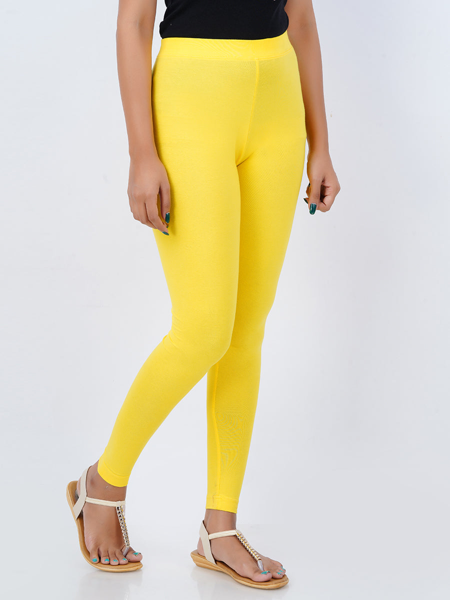 Ankle Fit Mixed Cotton with Spandex Stretchable Leggings Yellow-Side view