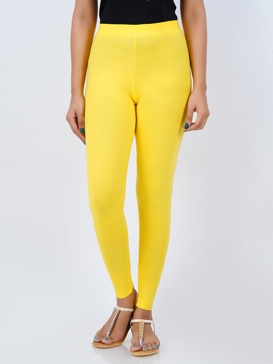 Ankle Fit Mixed Cotton with Spandex Stretchable Leggings Yellow-Front view