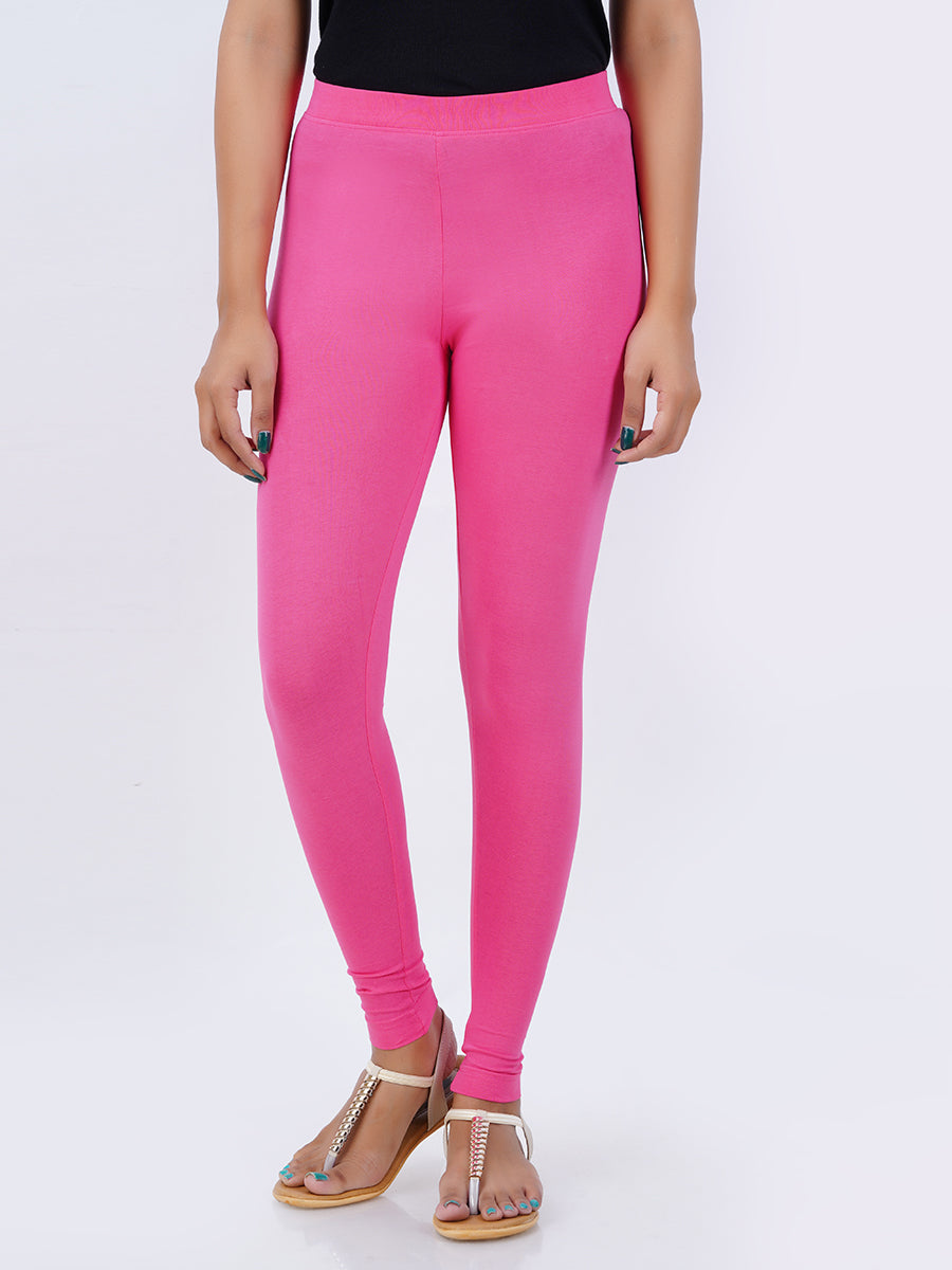 Ankle Fit Mixed Cotton with Spandex Stretchable Leggings Pink-Front view