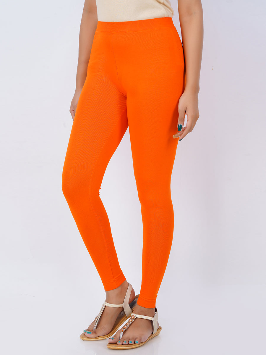 Ankle Fit Mixed Cotton with Spandex Stretchable Leggings Orange-Side view