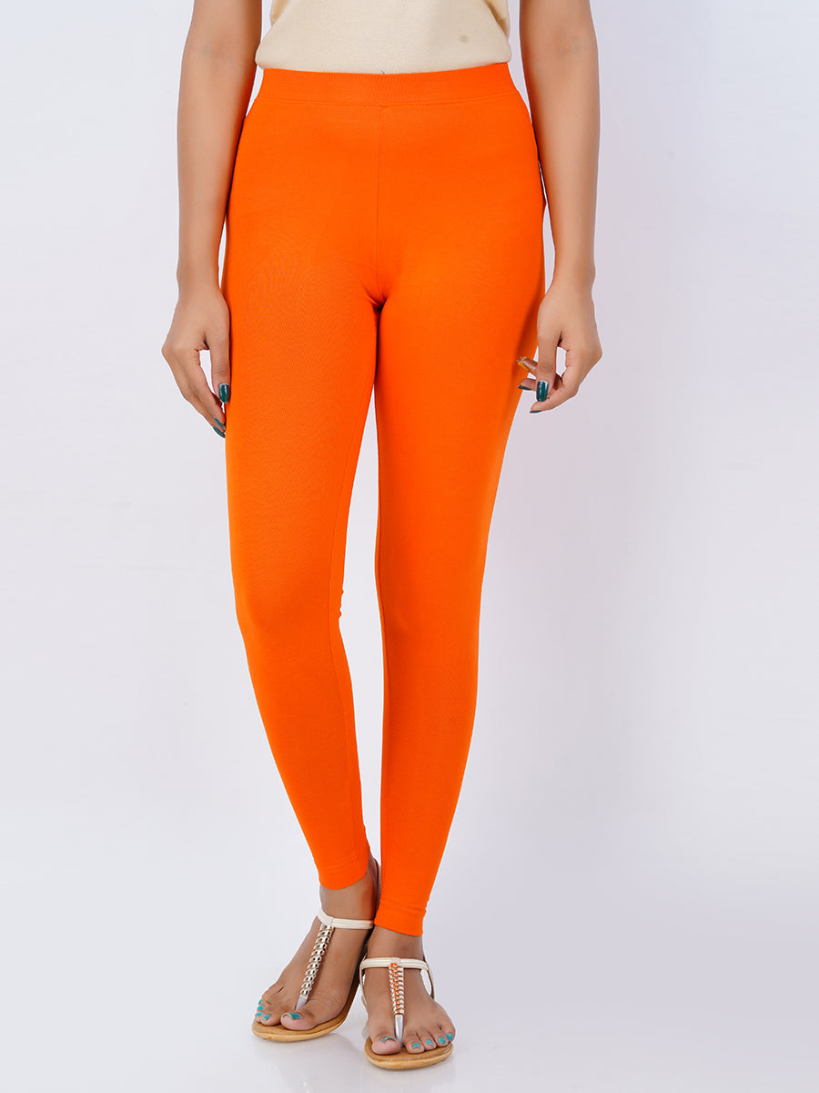 Ankle Fit Mixed Cotton with Spandex Stretchable Leggings Orange-Front view