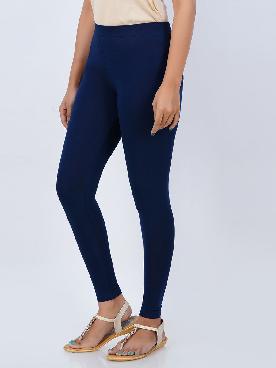 Ankle Fit Mixed Cotton with Spandex Stretchable Leggings Navy-Side view