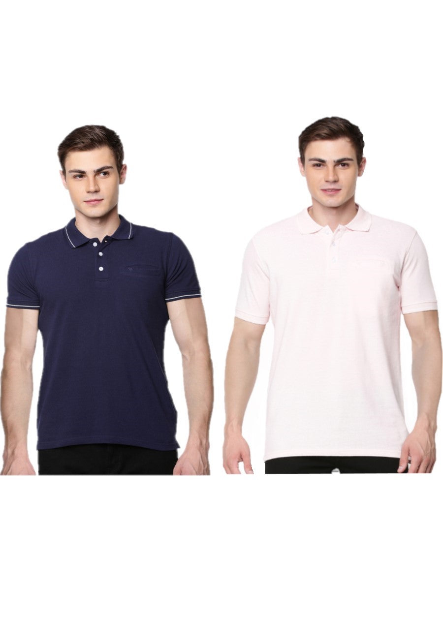 Cotton Blend Half Sleeves Polo T-Shirt with Chest Pocket (2 PCs Pack)