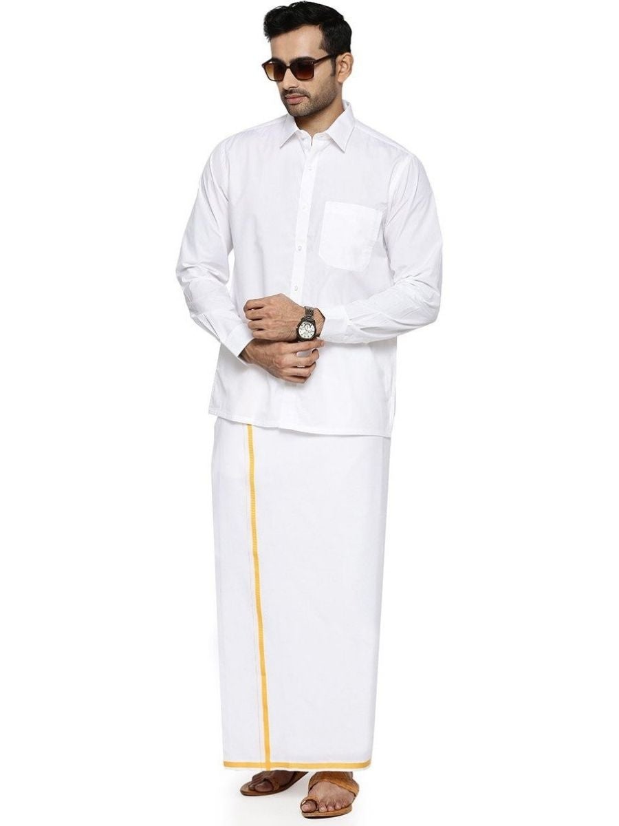 Mens Formal White Full Sleeves Shirt with Small Border Dhoti Combo