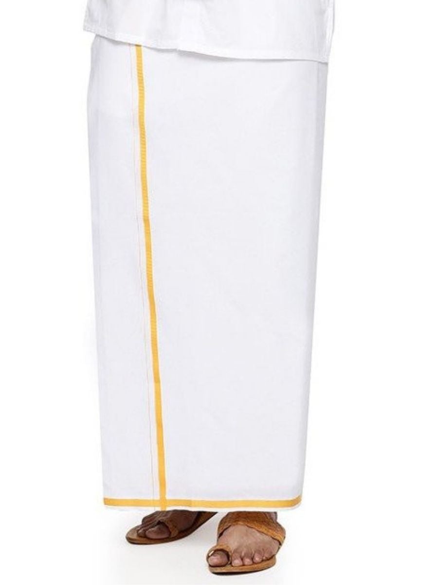 Mens Cotton White Half Sleeves Shirt with Small Border Dhoti Combo-Bottom view