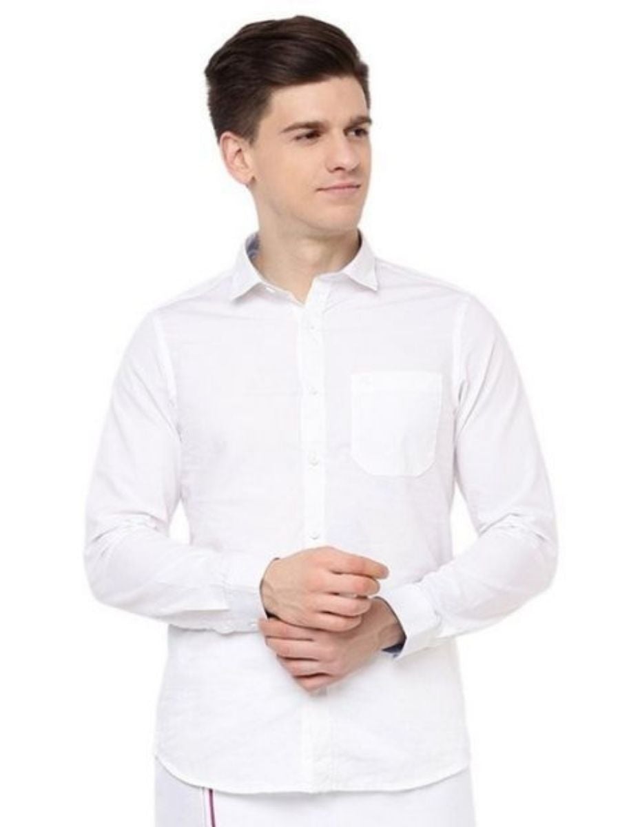 Mens Cotton White Full Sleeves Shirt with Small Border Dhoti Combo-Close view