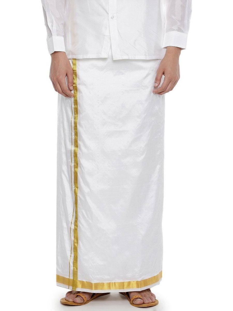 Mens Pure Silk White Dhoti + Towel 1" Jari Border Thirukalyan