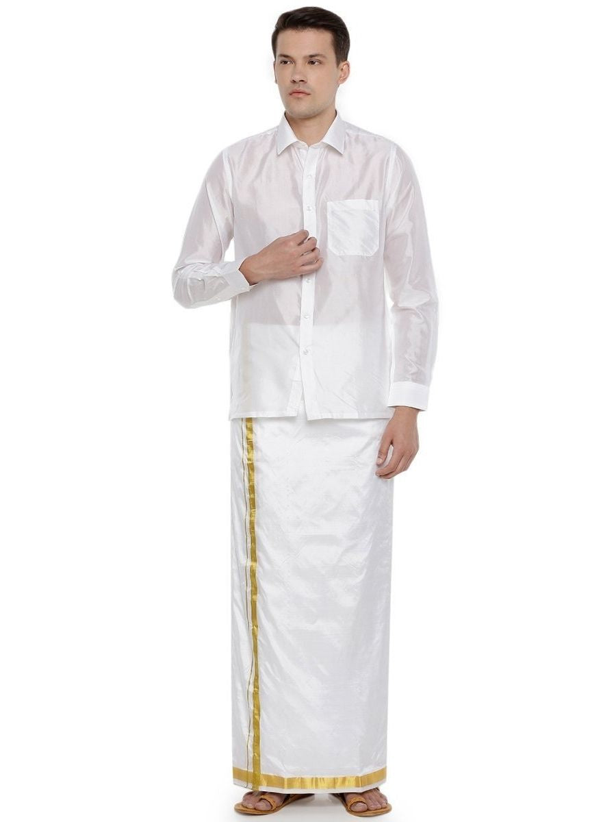 Mens Pure Silk White Dhoti + Towel 1" Jari Border Thirukalyan-Full view