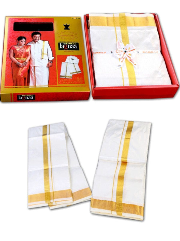 Mens Silk White Dhoti and Towel 3/4" Jari Thirukalyan