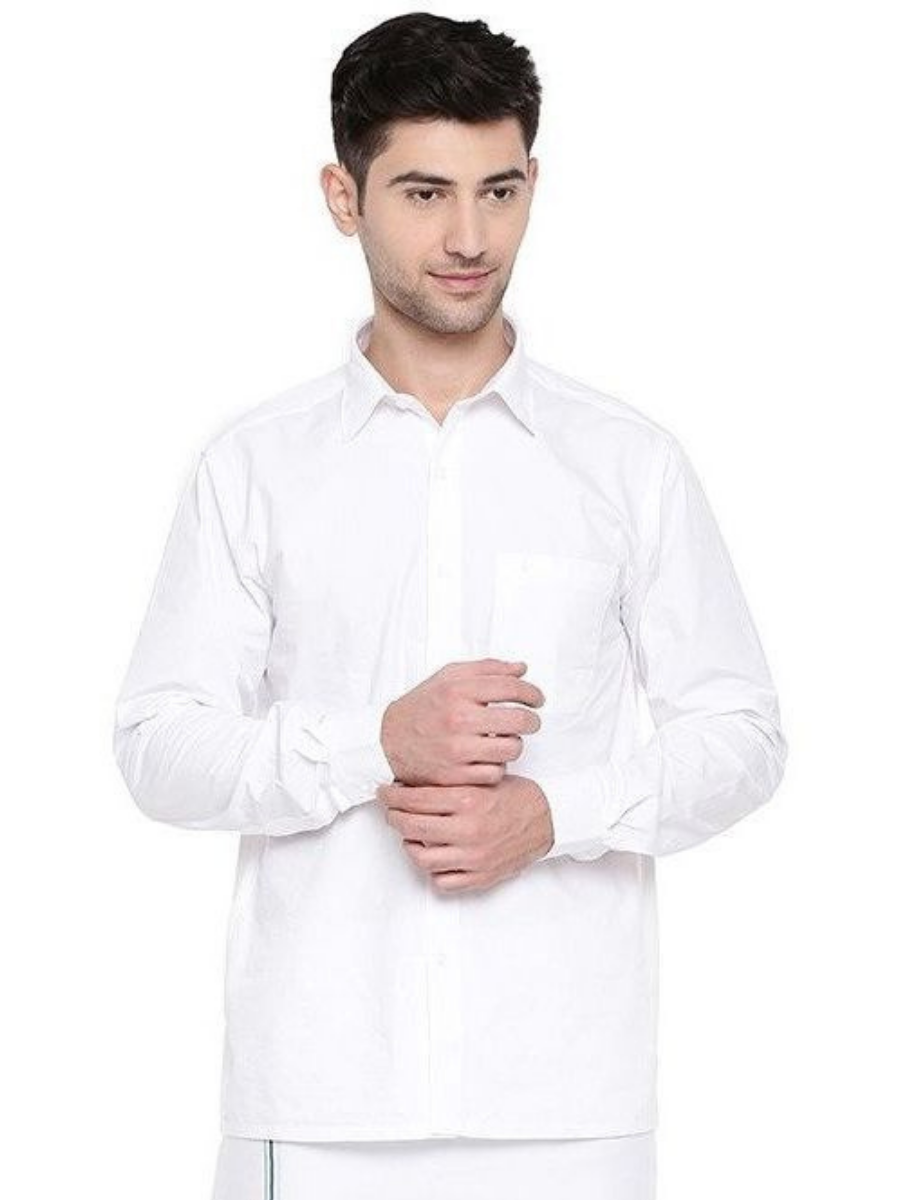 Mens Formal White Full Sleeves Shirt with Small Border Dhoti Combo-Front view