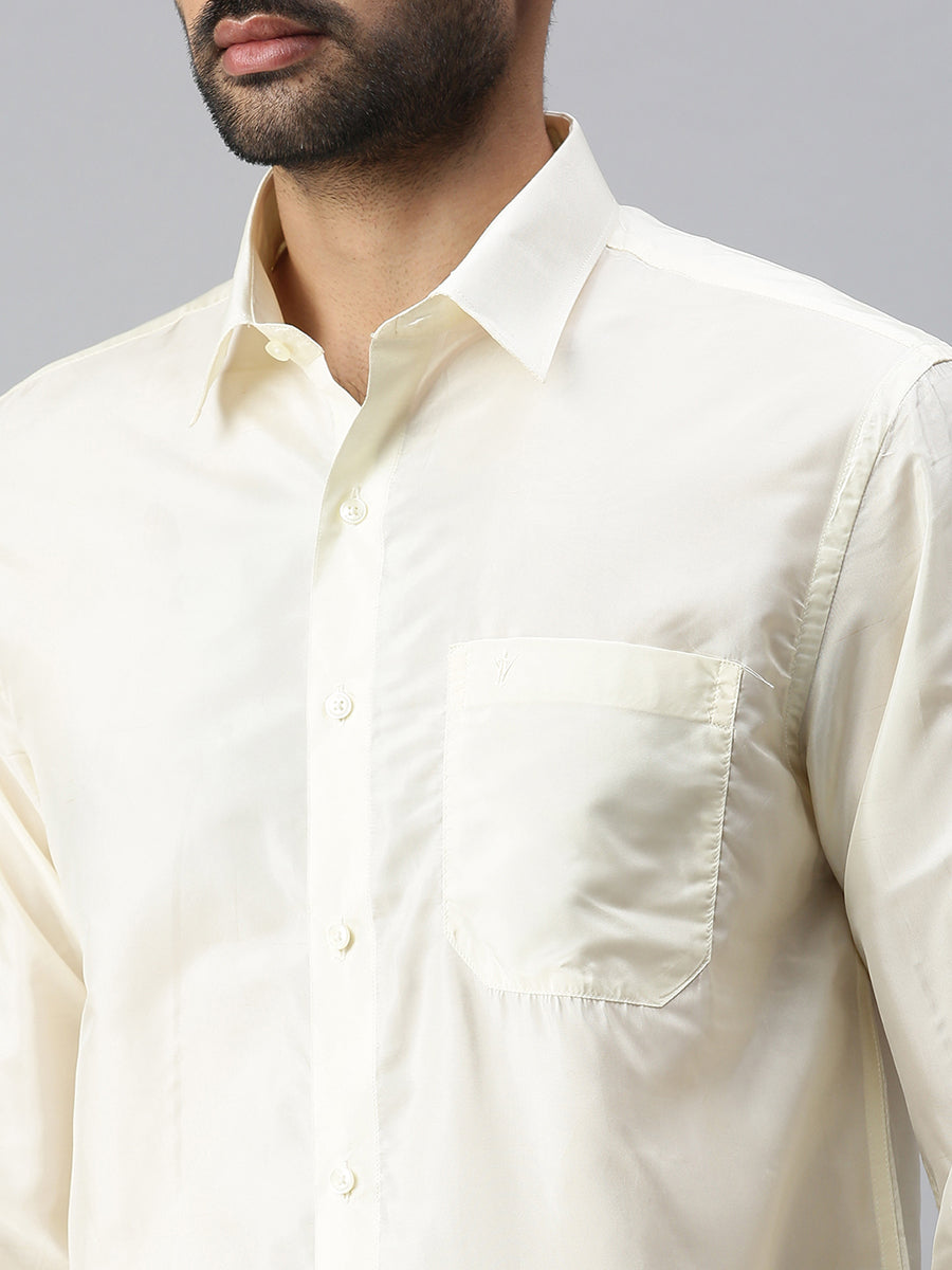 Mens Cream Art Silk Full Sleeves Shirt, Double Dhoti+Towel with Belt Combo-Zoom view