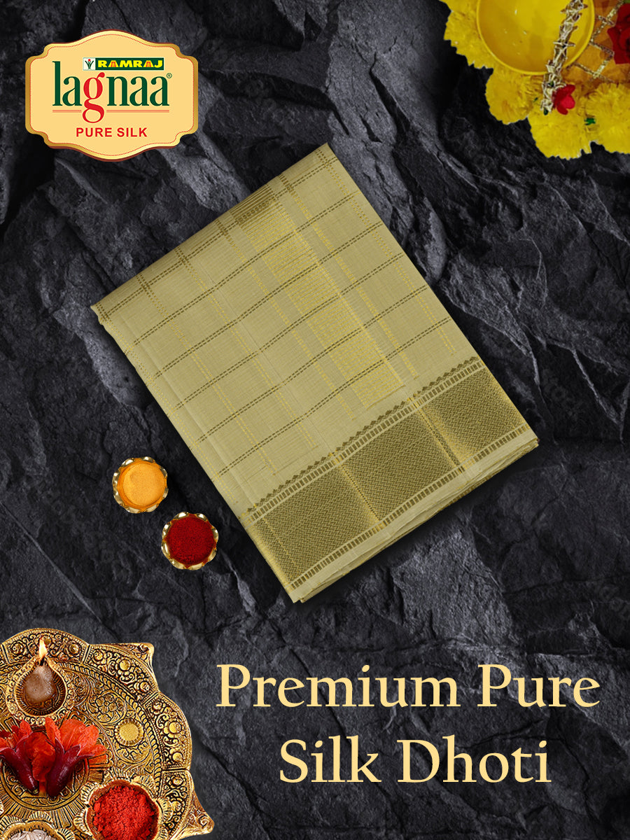 Premium Pure Silk Fawn 3" Gold Jari Border Dhoti & Towel Virutcham-1