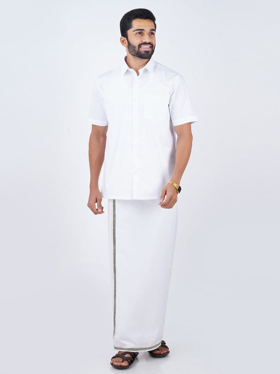 Mens Cotton White Half Sleeve Shirt with Silver Jari 1/2" Dhoti Combo Silvertone