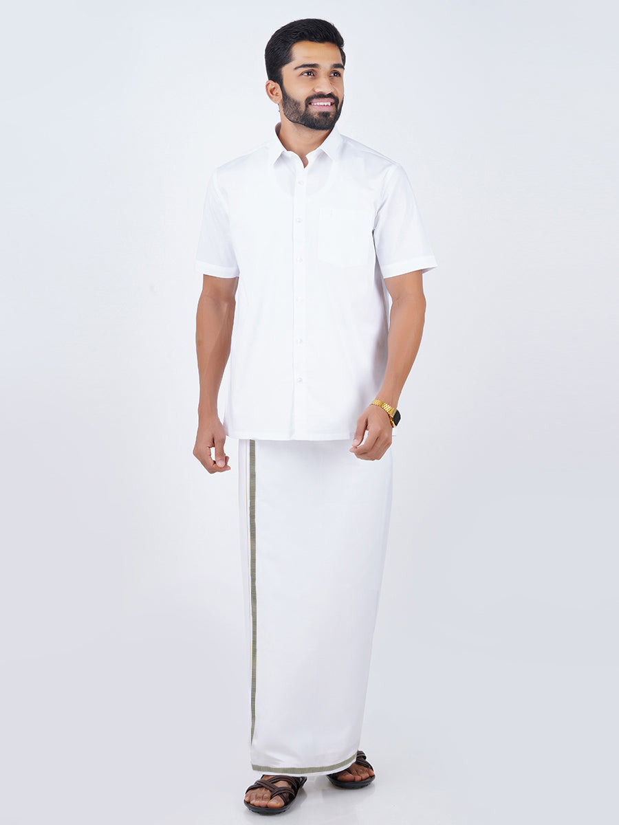 Mens Cotton White Shirt Bit with 3/4" Silver Jari Dhoti Combo Noble