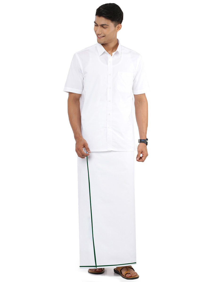Mens Single Dhoti White with Small Border Ice Gold Green-Full view