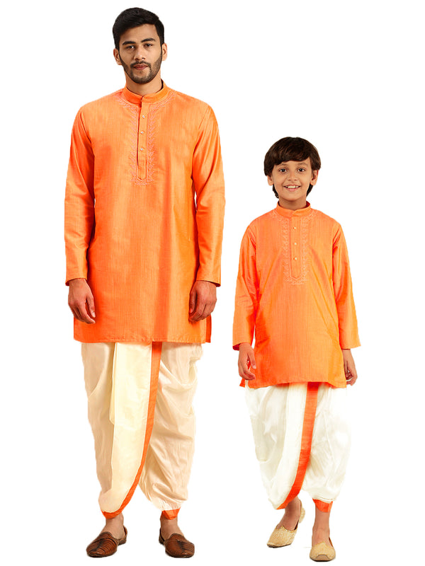 Like Father Like Son Kurta and Panchakacham Combo Orange